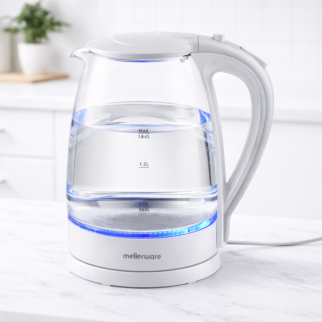 Mellerware white glass electric kettle with blue LED light on kitchen counter