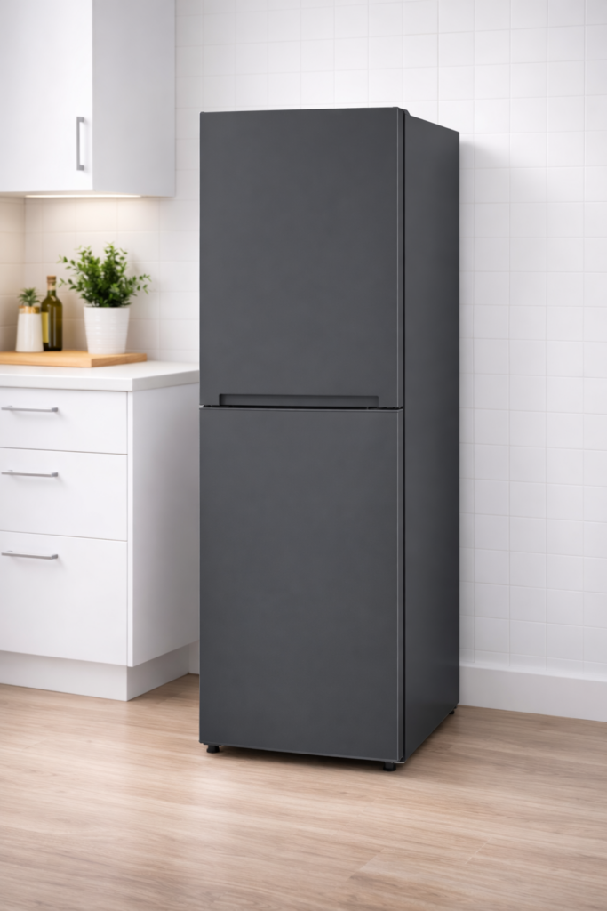 Defy dark grey bottom freezer fridge in modern kitchen