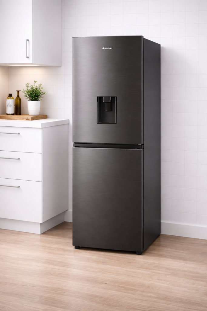 Hisense dark stainless steel fridge with water dispenser front view