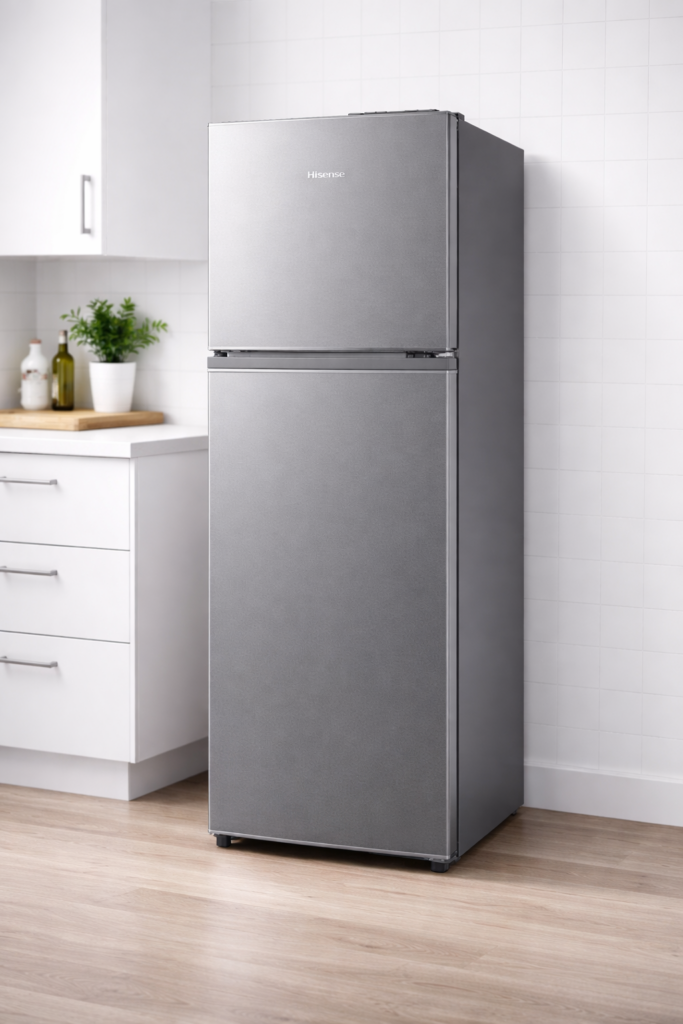Hisense stainless steel top freezer fridge front view
