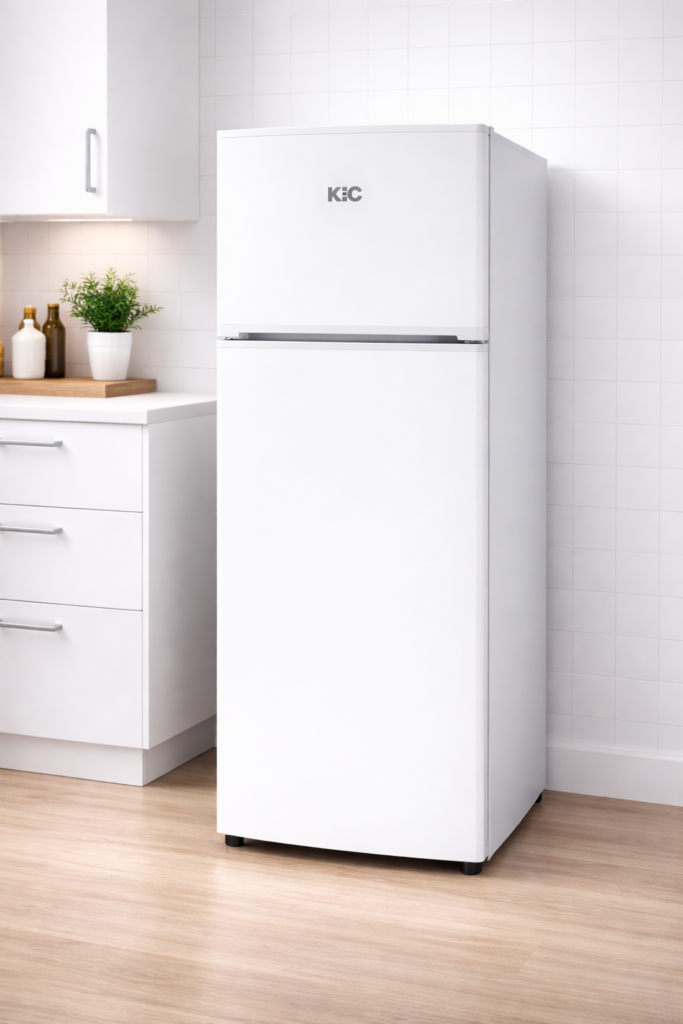 KIC 170 litre white top freezer fridge in modern kitchen