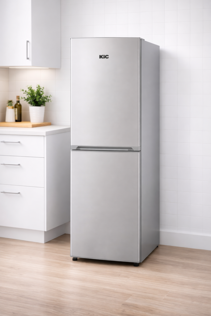 KIC silver bottom freezer fridge in modern kitchen