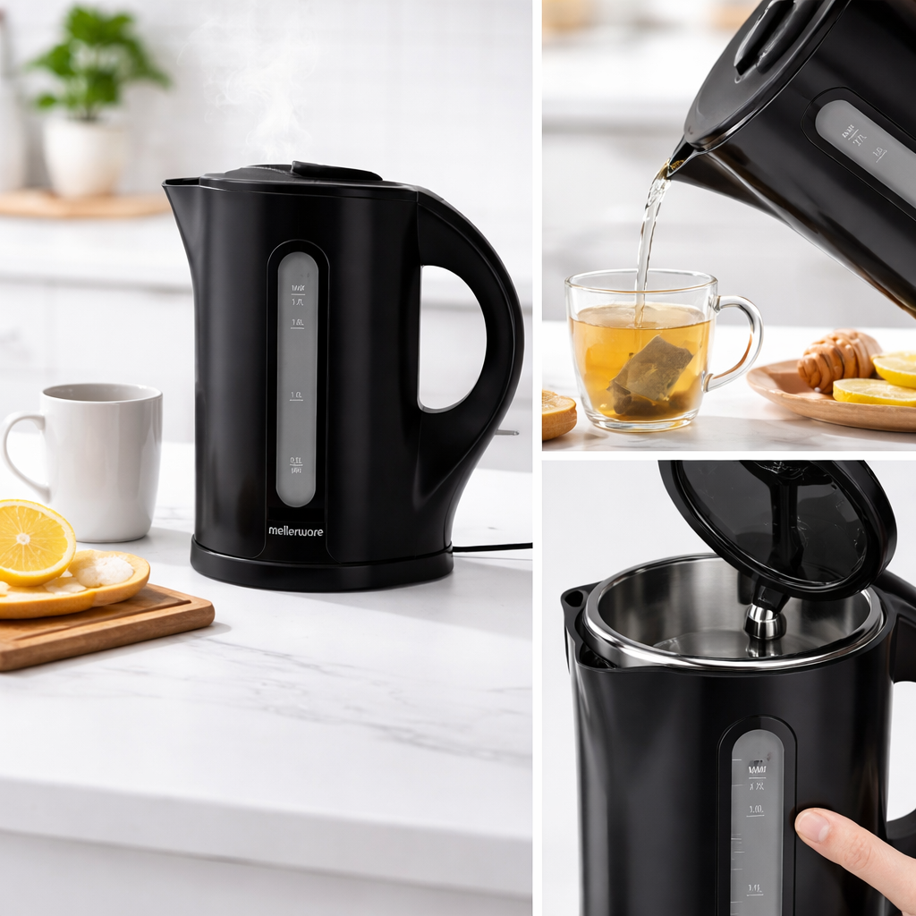 Mellerware cordled electric kettle 1.7L black on modern kitchen counter