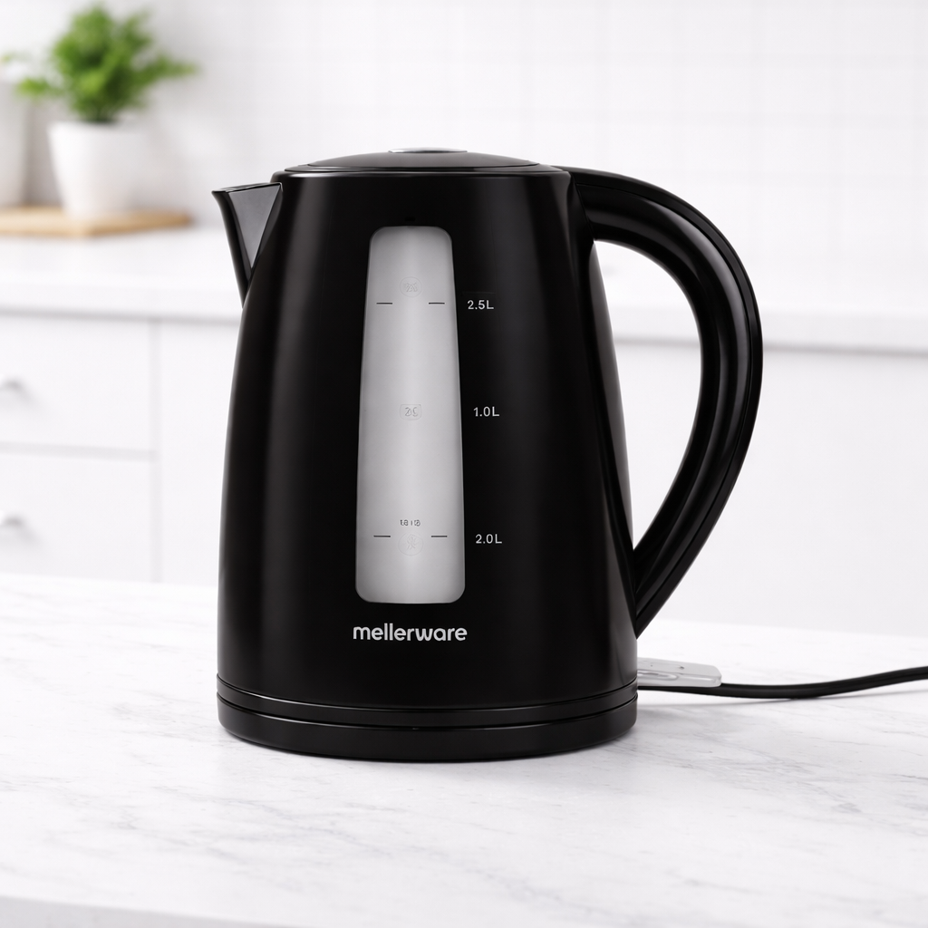 Mellerware 2 litre black electric kettle on modern kitchen counter