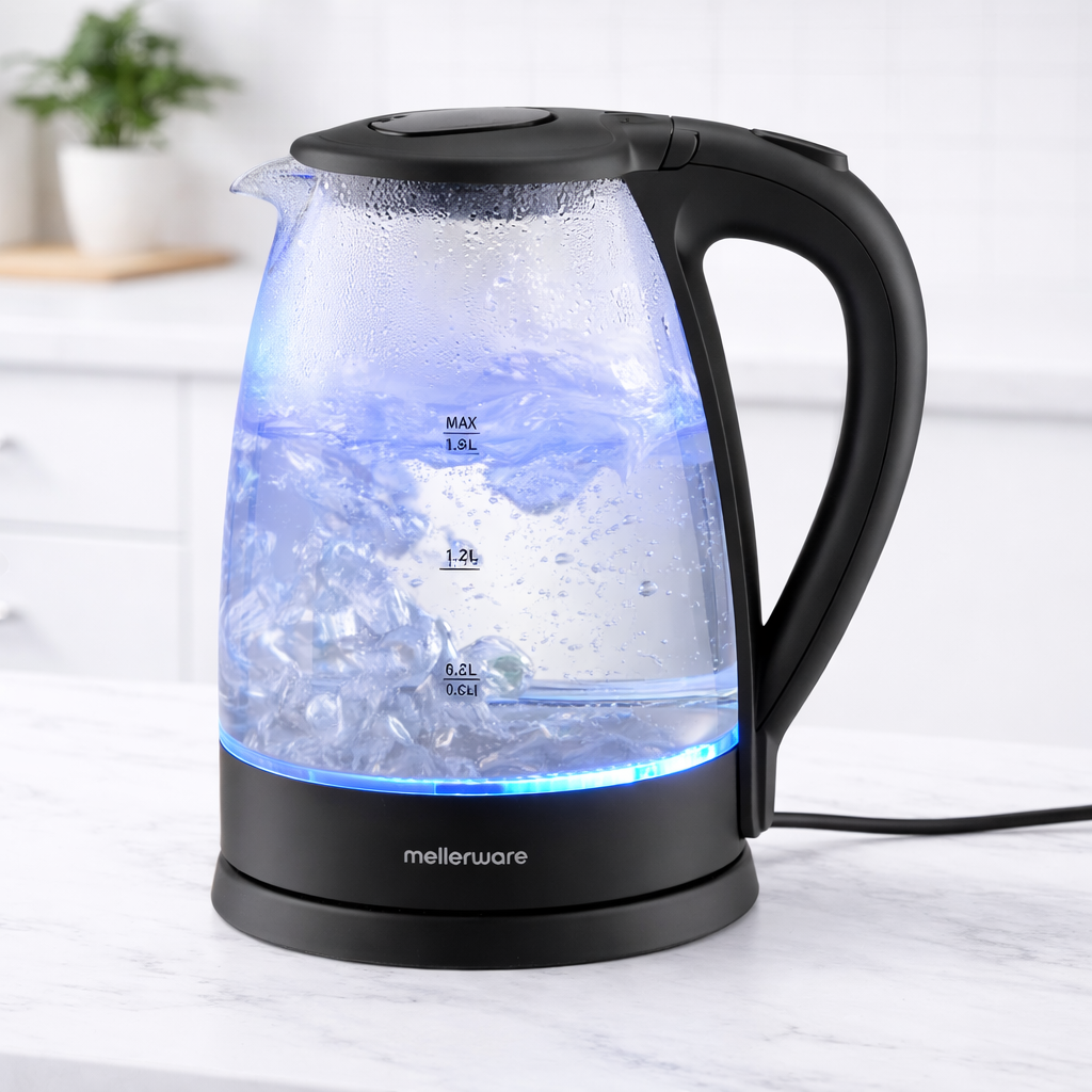 Mellerware glass electric kettle with blue LED light boiling water on modern kitchen counter